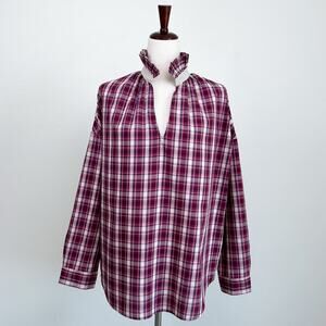 A Shirt Thing Penelope Ruffle Collar Berry Plaid Cotton Long Sleeve Shirt